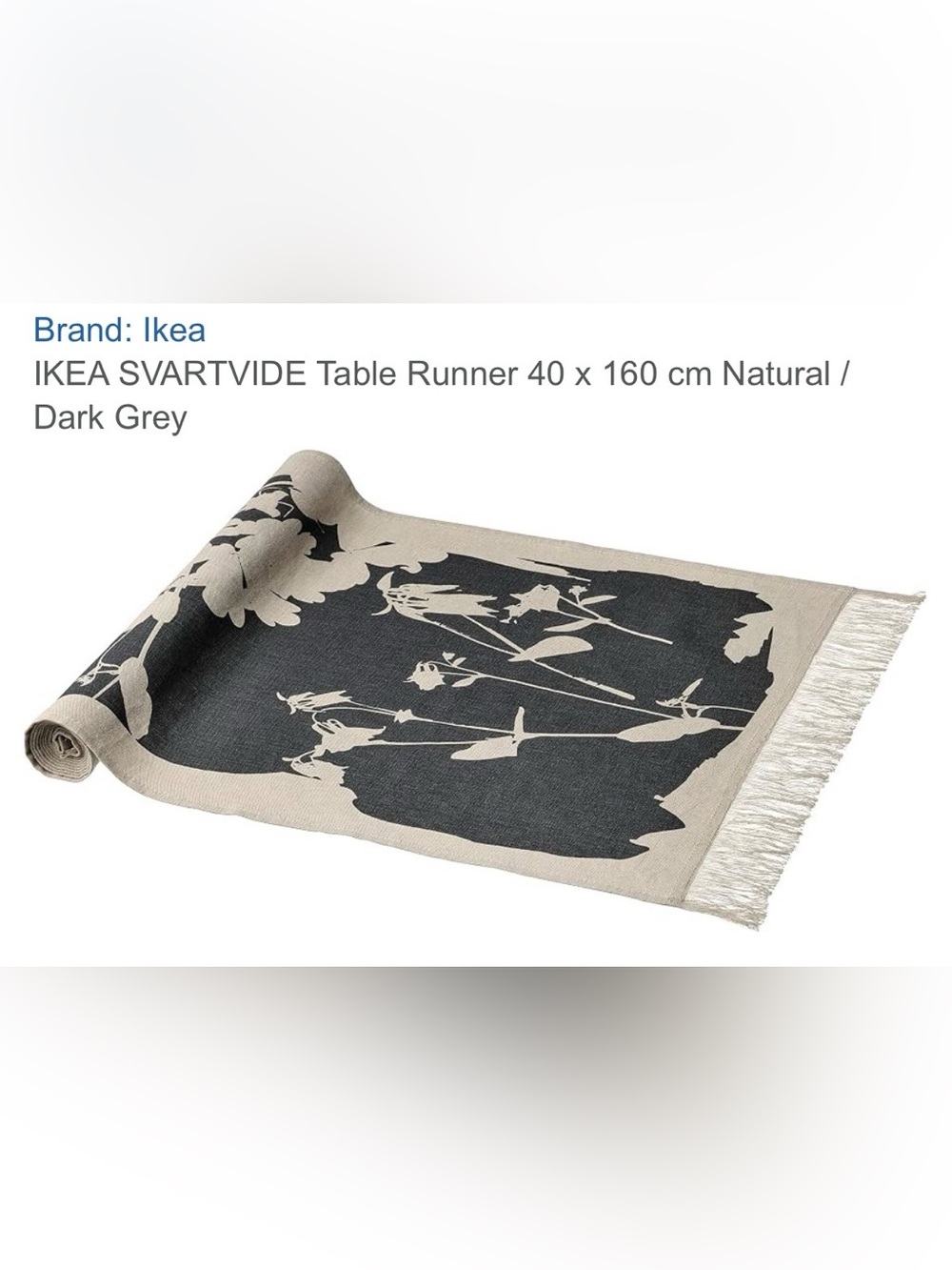 NWT IKEA SVARTVIDE Natural and Dark Grey Floral Table Runner with Fringe